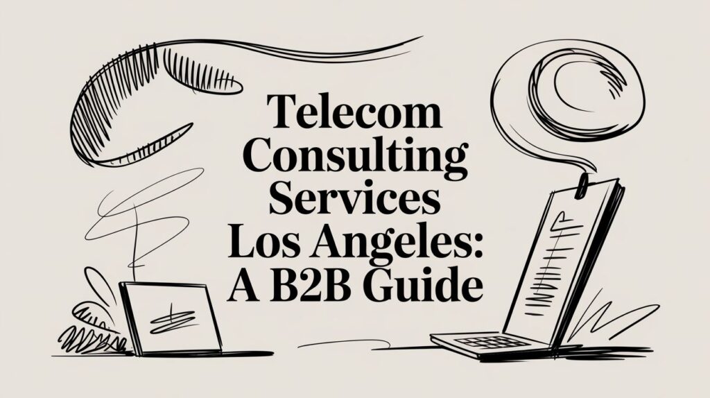 A sketch-style illustration with two laptops and abstract lines, featuring the text "Telecom Consulting Services Los Angeles: A B2B Guide" in bold letters at the center.