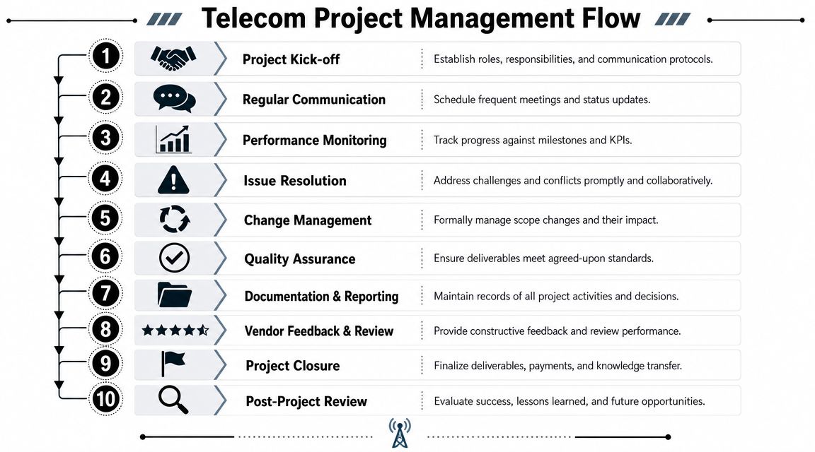 A ten-step diagram illustrating the process flow for efficient telecom project management from kick-off to review.