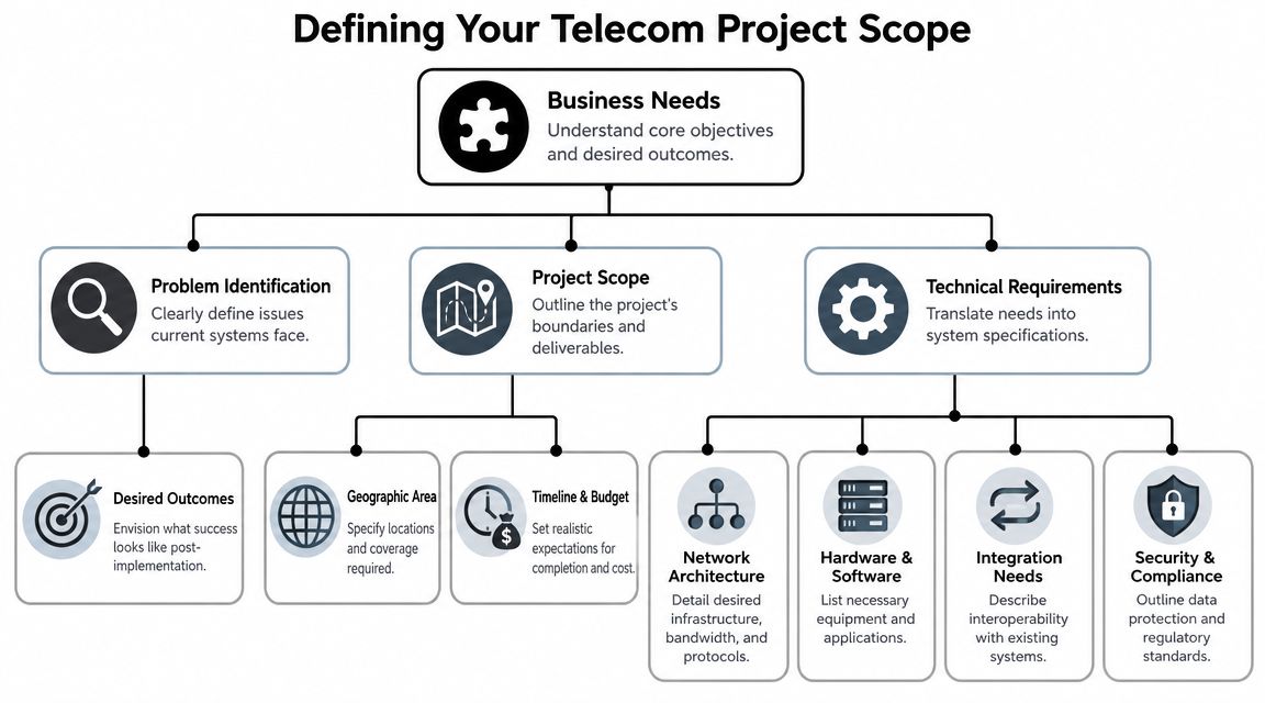 A flowchart diagram illustrating the steps for defining scope in a telecommunications project including business needs and requirements.