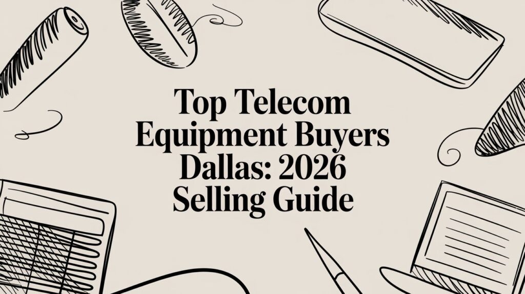 Hand-drawn images of office supplies surround text that reads, "Top Telecom Equipment Buyers Dallas: 2026 Selling Guide" on a beige background.