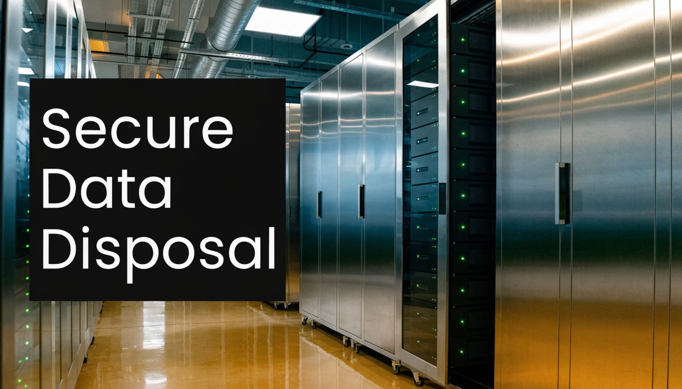 A modern server room with metallic cabinets and green indicator lights representing secure data disposal services.