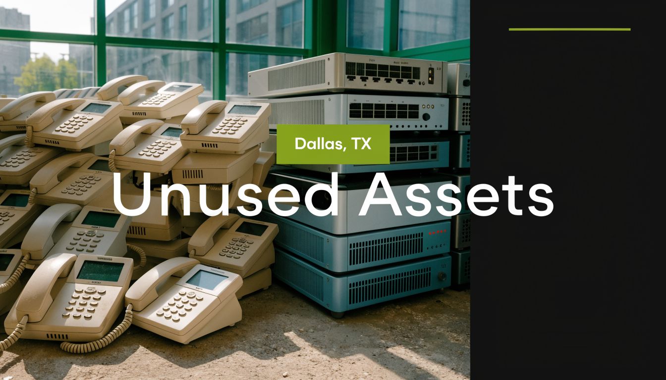 A large pile of obsolete landline telephones next to stacked networking hardware in a Dallas office space.