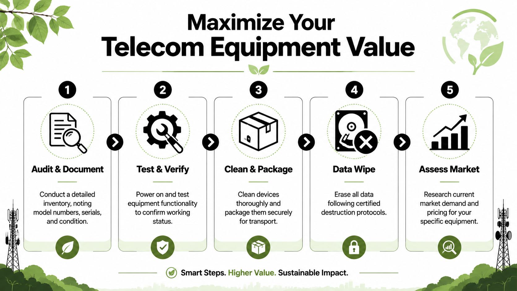 An infographic showing five steps to maximize telecom equipment value, including auditing, testing, cleaning, wiping, and assessing.