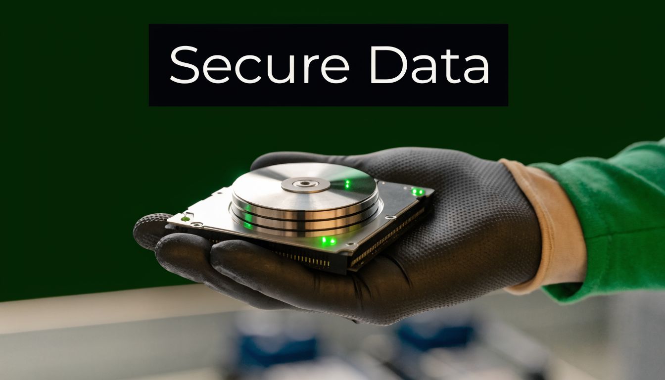 A gloved hand holding a small hard drive component representing secure data storage and management.