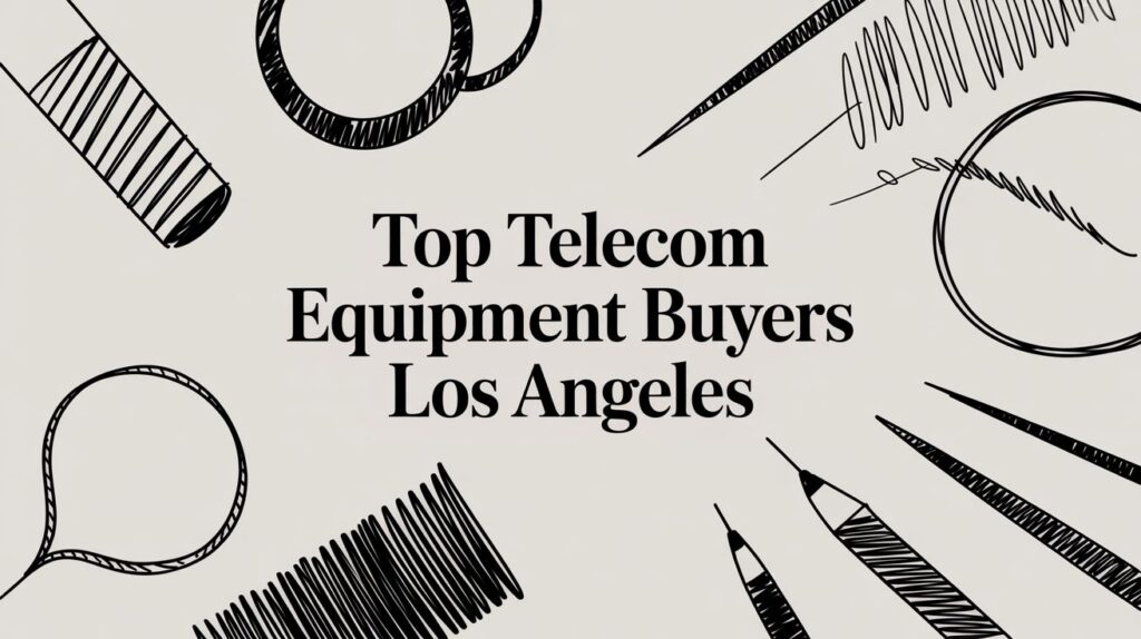 Text "Top Telecom Equipment Buyers Los Angeles" is centered on a light background with black sketch-like drawings of circles, lines, and pencils around the edges.
