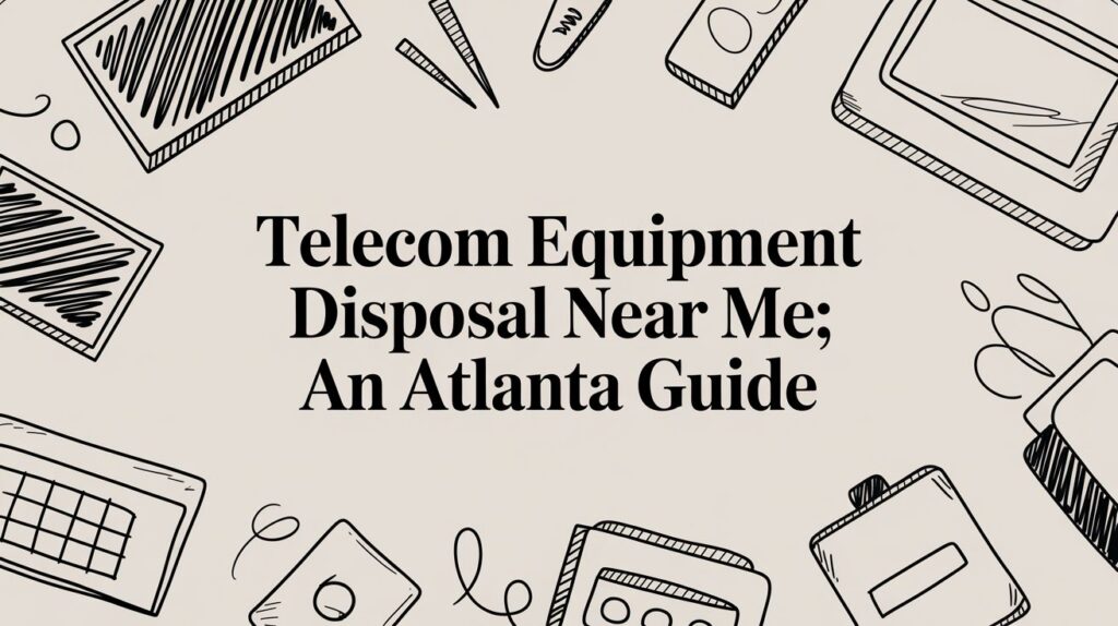 Black and white illustration of various telecom equipment like phones, tablets, and cables surrounding the text: “Telecom Equipment Disposal Near Me; An Atlanta Guide” on a light background.