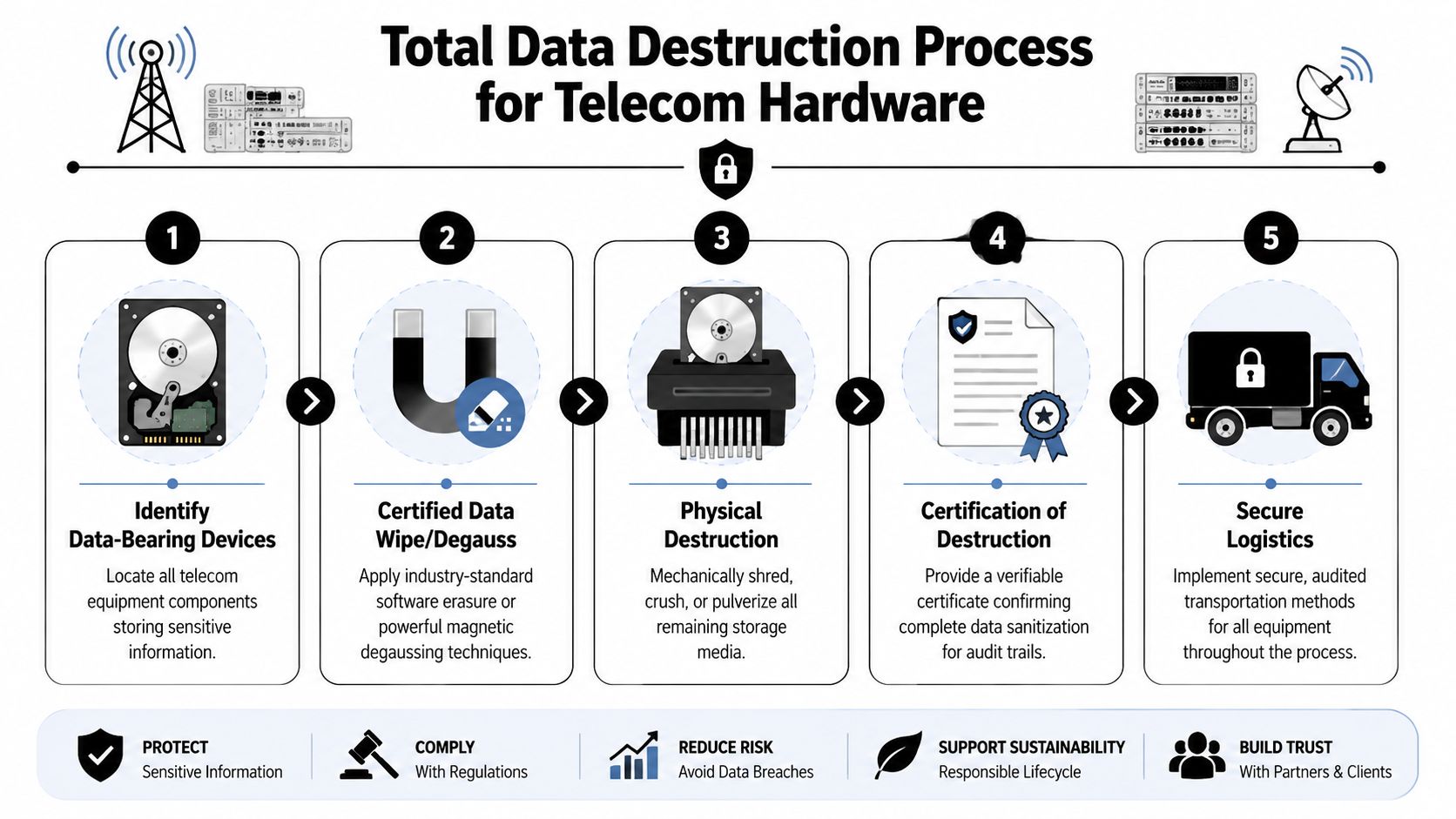 A five-step infographic showing the total data destruction process for secure telecom hardware and sensitive information.