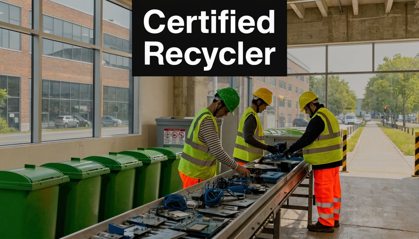 Three professional workers in high-visibility vests sorting electronic waste on a conveyor belt in a facility.