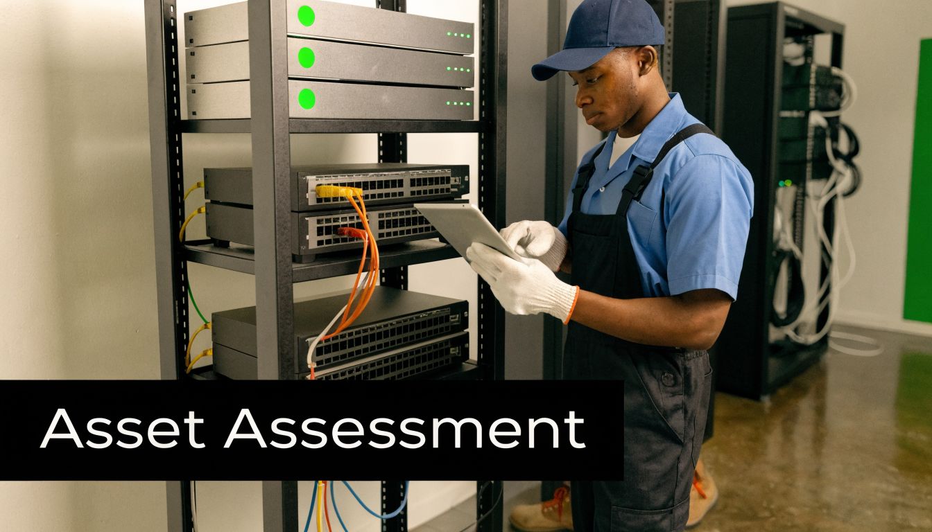 A technician in a server room conducting an asset assessment of network hardware using a tablet computer.