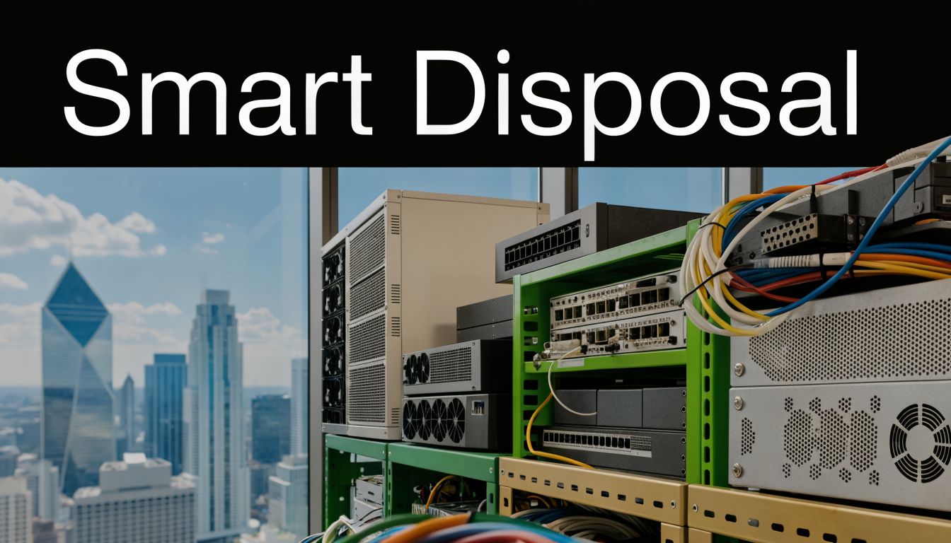 Stack of professional telecommunications server equipment inside an office with a high-rise city skyline view.