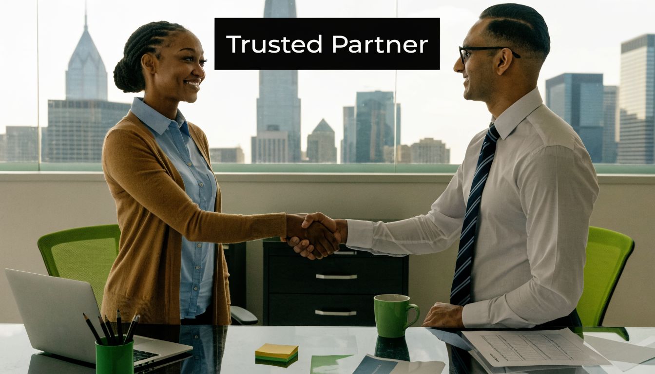 A professional man and woman shaking hands across a desk in a modern corporate office building.
