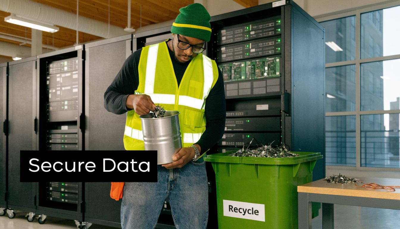 A technician wearing a high-visibility vest disposes of old computer components into a green recycling bin.