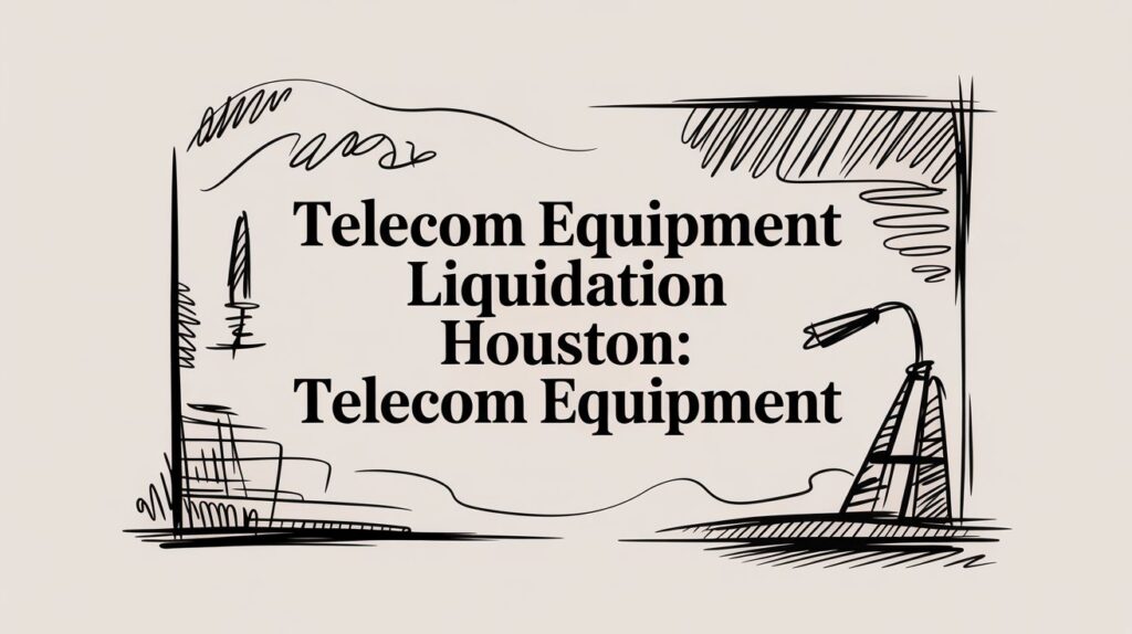 Text reading "Telecom Equipment Liquidation Houston: Telecom Equipment" in bold font, surrounded by hand-drawn sketch lines and shapes on a beige background.