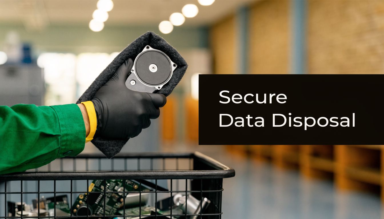 A gloved hand holding a hard drive component over a recycling basket for secure data destruction.