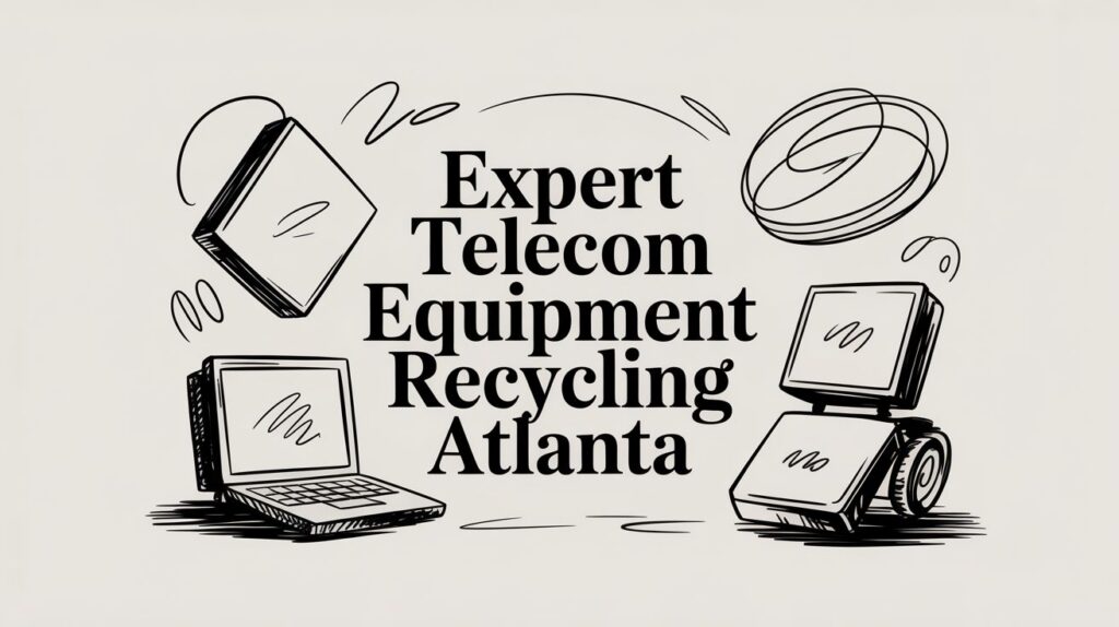 Black and white illustration with text "Expert Telecom Equipment Recycling Atlanta" surrounded by sketches of old laptops, computers, and cables.
