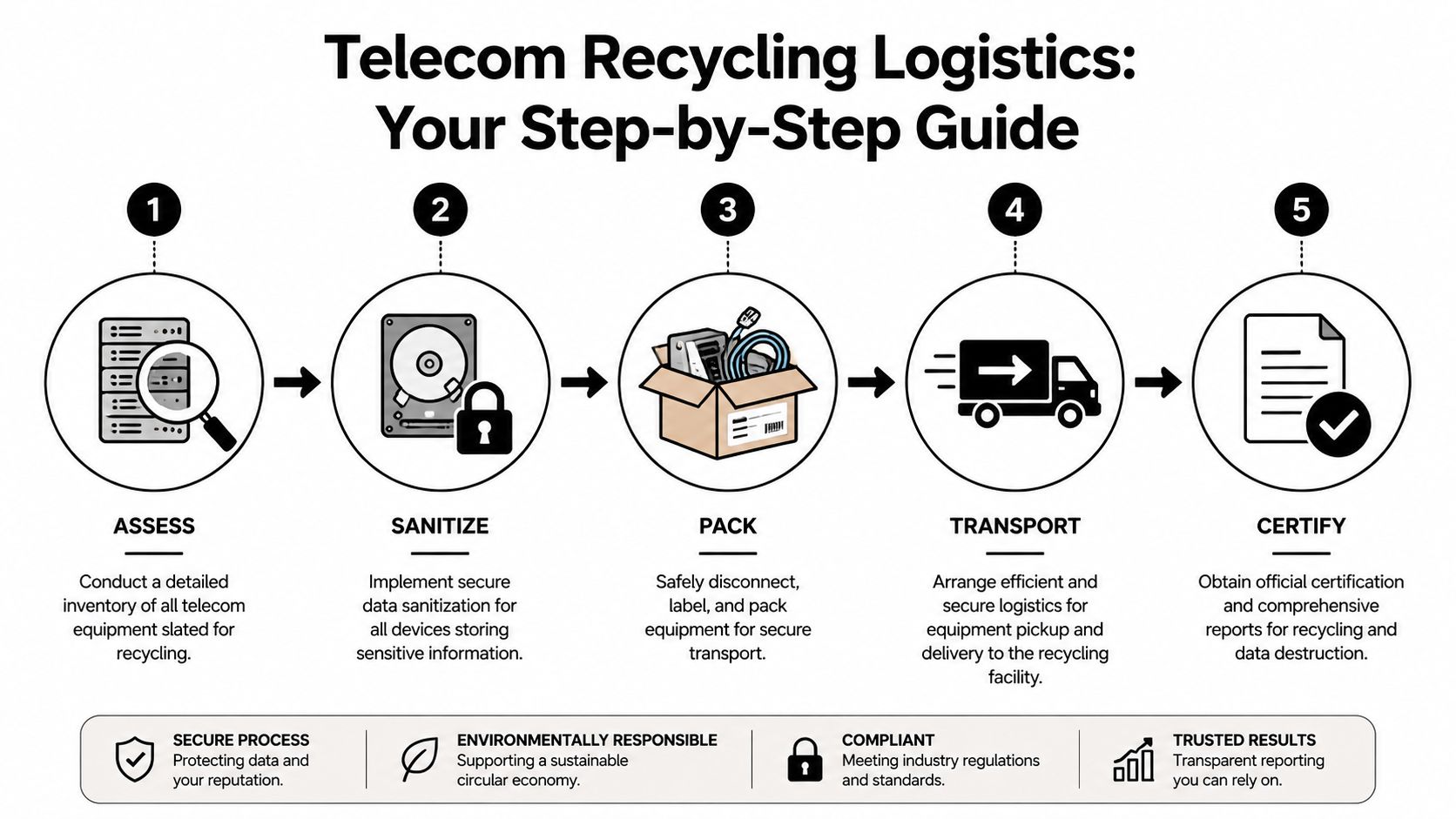 A five-step infographic illustrating the professional logistics process for secure telecom equipment recycling and data destruction.