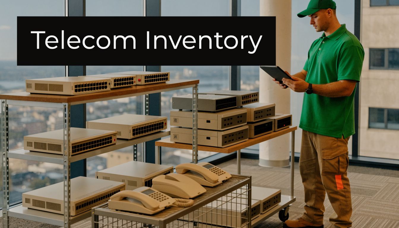 A warehouse worker in a green uniform inventories network switches and telephones for telecom recycling.