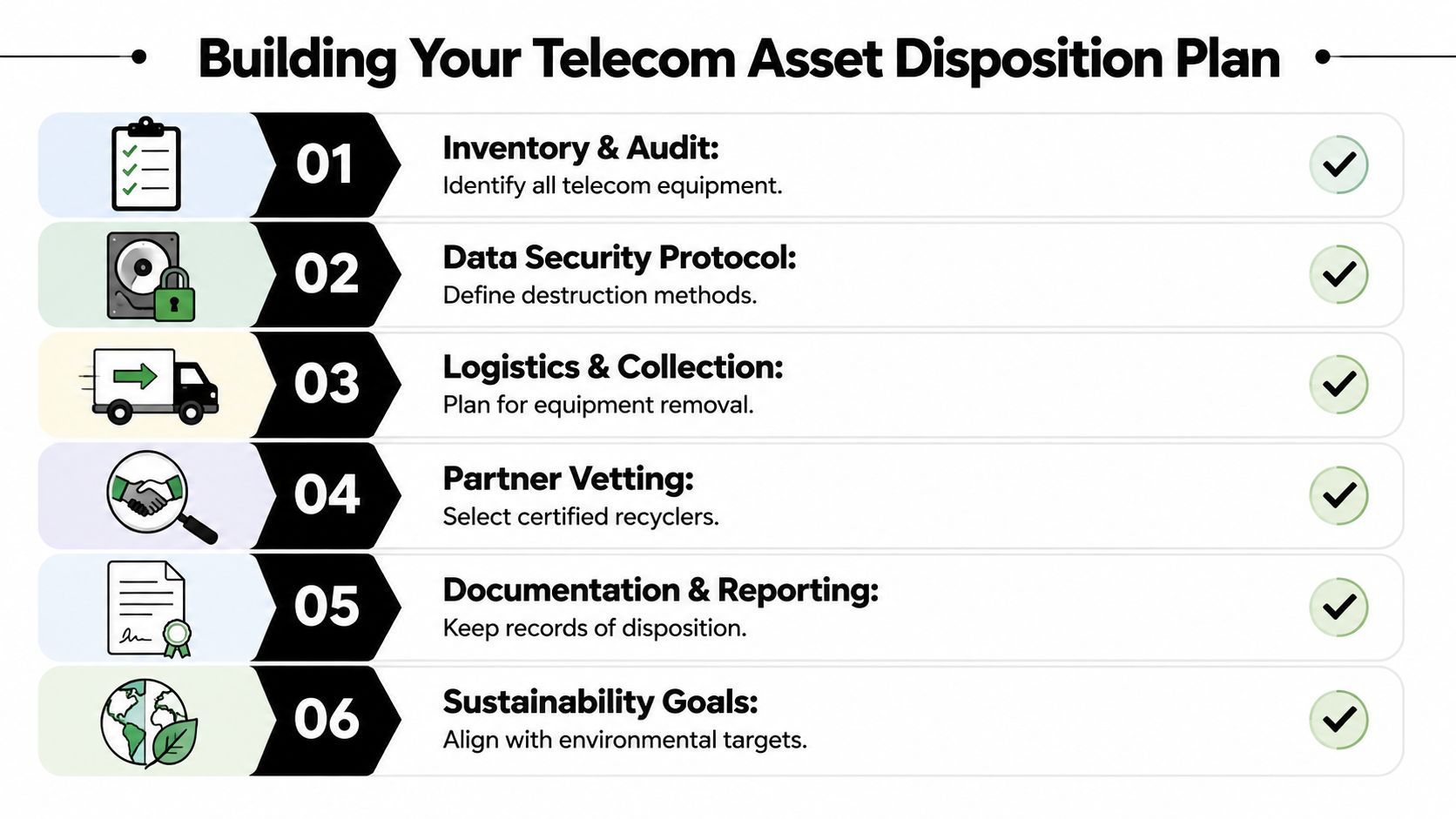 A checklist infographic detailing six essential steps for building a telecom asset disposition and recycling plan.