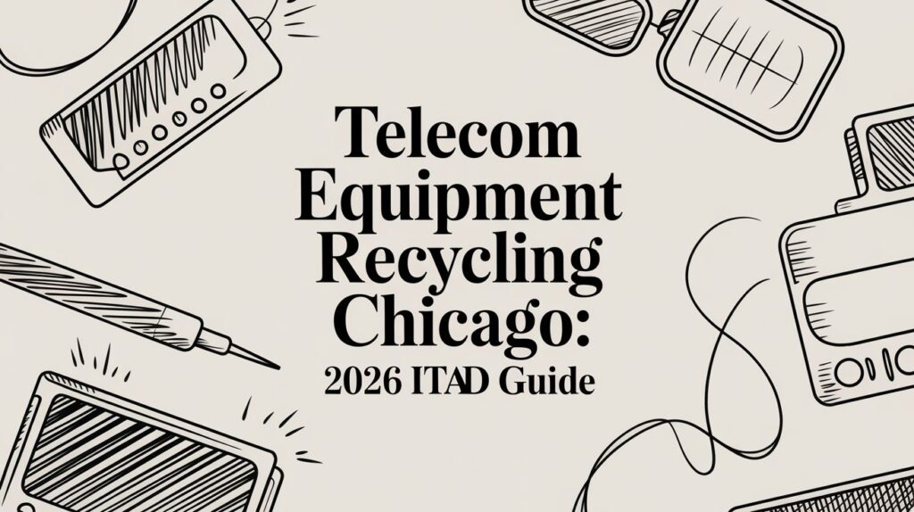 Text on image reads: "Telecom Equipment Recycling Chicago: 2026 ITAD Guide." The background features hand-drawn illustrations of electronic devices and cables around the text.