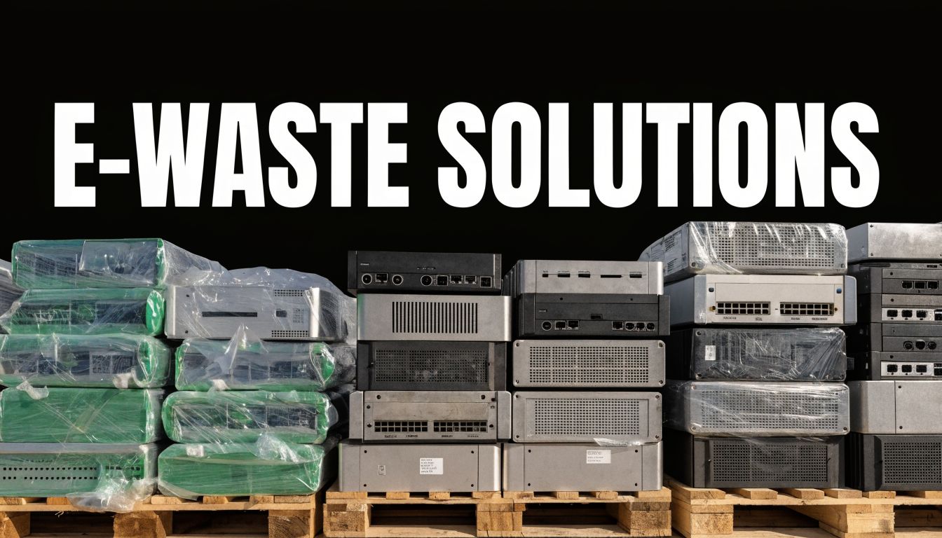 A stack of various recycled enterprise servers and networking equipment on wooden pallets for electronic waste recycling.