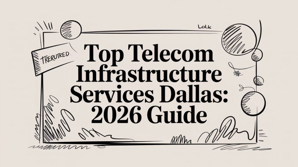A decorative sign reads "Top Telecom Infrastructure Services Dallas: 2026 Guide" with hand-drawn circles, lines, and a tag labeled "Featured.