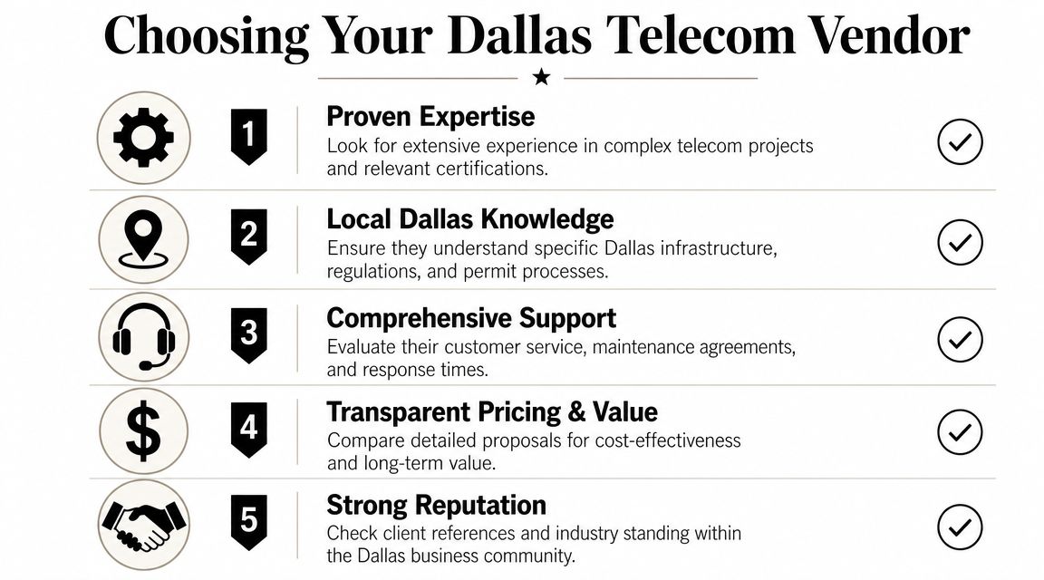 A five-point checklist infographic for choosing a professional telecom infrastructure vendor in the Dallas area.