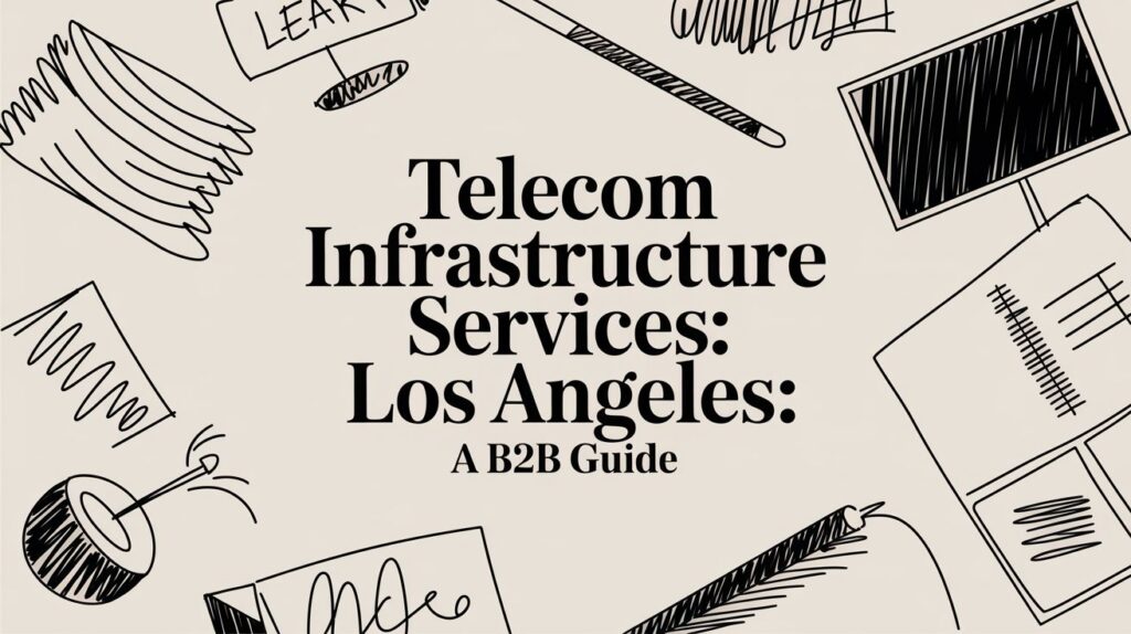Text reads "Telecom Infrastructure Services: Los Angeles: A B2B Guide" on a light background with black doodles of office items like pens, notepads, paper, and a coffee cup surrounding the text.