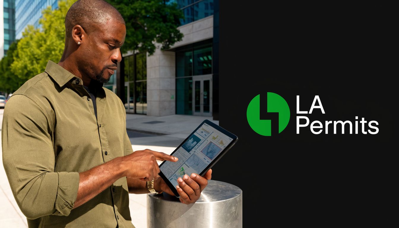 A professional man reviewing building permits on a digital tablet in an urban office setting.