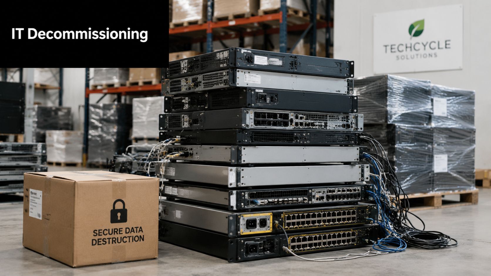 A stack of server hardware and network equipment ready for professional IT decommissioning and secure data destruction.