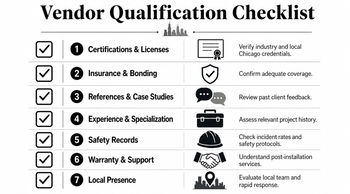 A vendor qualification checklist showing seven key criteria for evaluating professional service providers in Chicago.