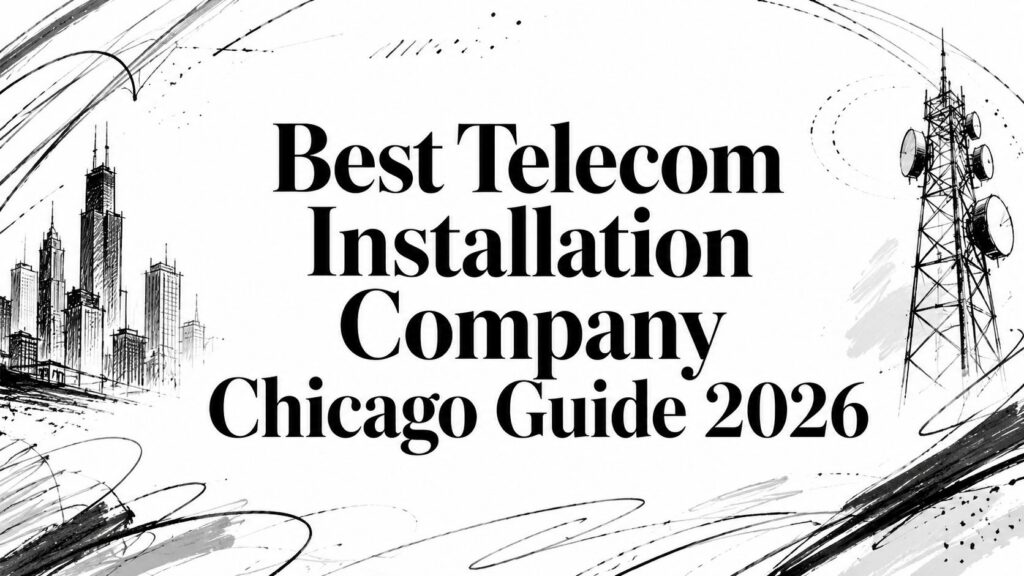 Black and white graphic features "Best Telecom Installation Company Chicago Guide 2026" with city and towers.