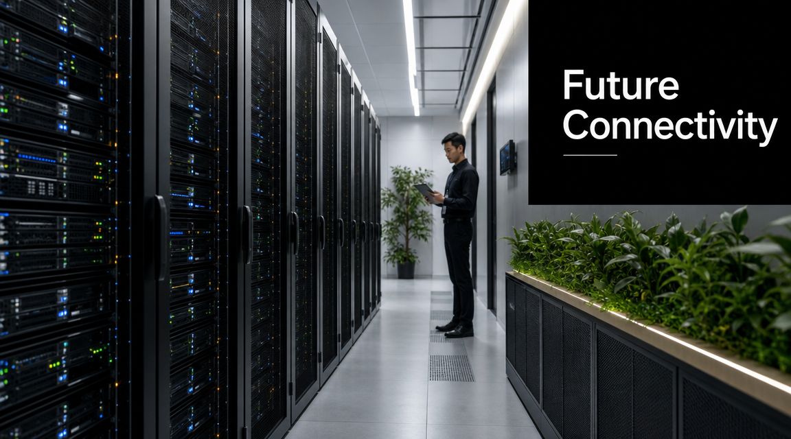 A professional technician checking server racks in a modern data center with plants and digital lighting.