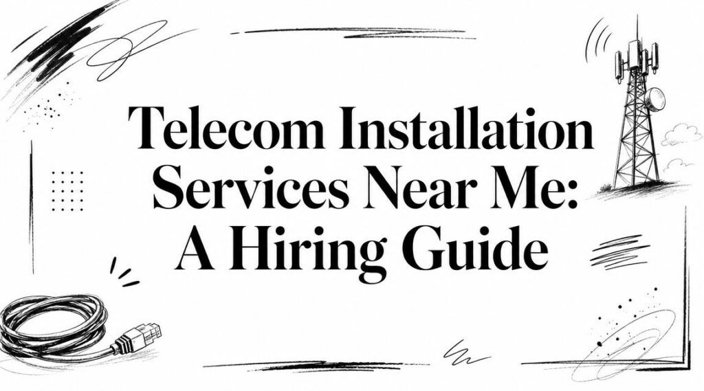 Text reads "Telecom Installation Services Near Me: A Hiring Guide" with black and white sketches of a coiled cable, a communication tower, and abstract lines around the border.