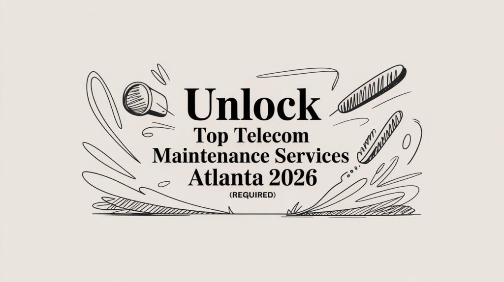 Text graphic reading "Unlock Top Telecom Maintenance Services Atlanta 2026 (REQUIRED)" with abstract black line drawings of shapes and swooshes surrounding the text.