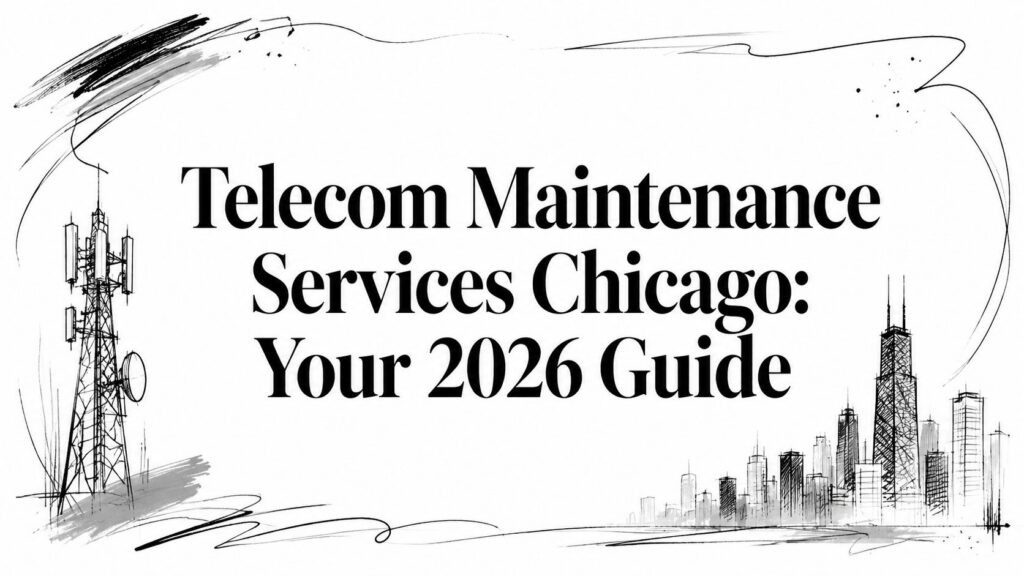 Black and white image with sketched cell tower and Chicago skyline. Large text reads: "Telecom Maintenance Services Chicago: Your 2026 Guide.