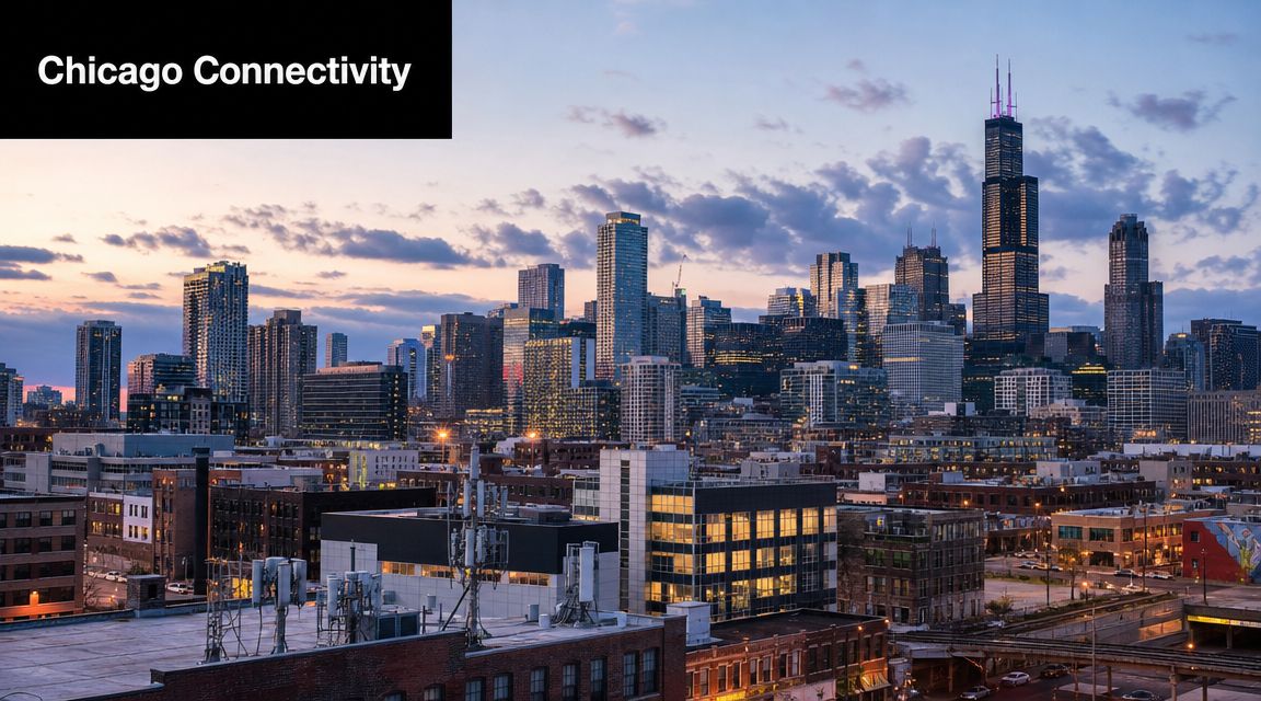 A wide angle view of the Chicago skyline at sunset, featuring commercial buildings and telecommunications infrastructure.