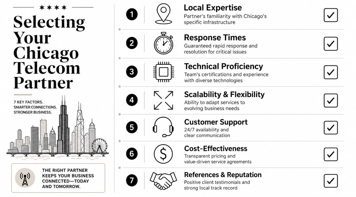 A checklist infographic detailing seven key factors to consider when selecting a Chicago telecom partner for businesses.