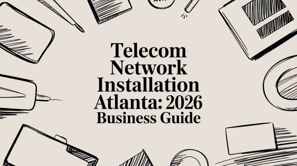 Telecom Network Installation Atlanta: 2026 Business Guide, surrounded by hand-drawn office supplies such as pens, paper, folders, and notebooks on a beige background.