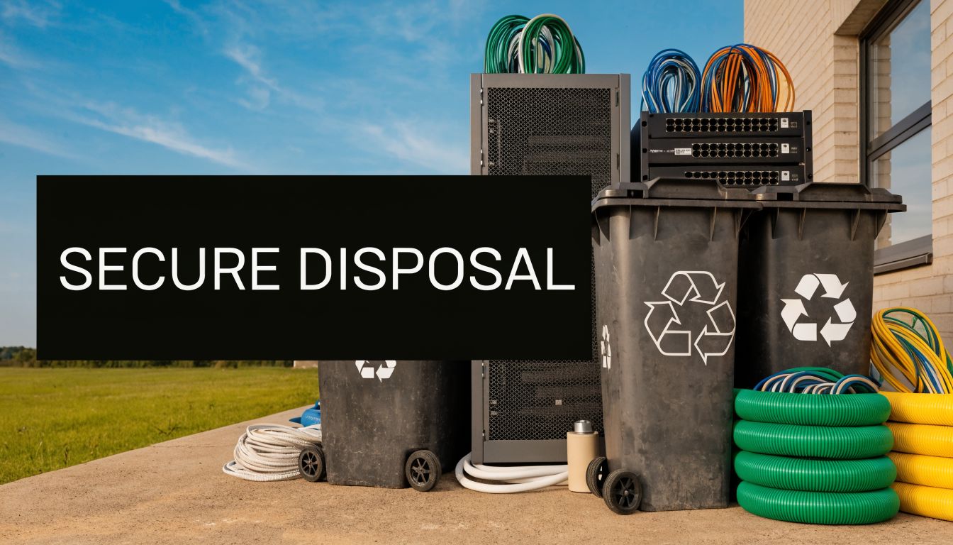 A professional service offering secure disposal of old telecom network hardware, server racks, and cabling equipment.