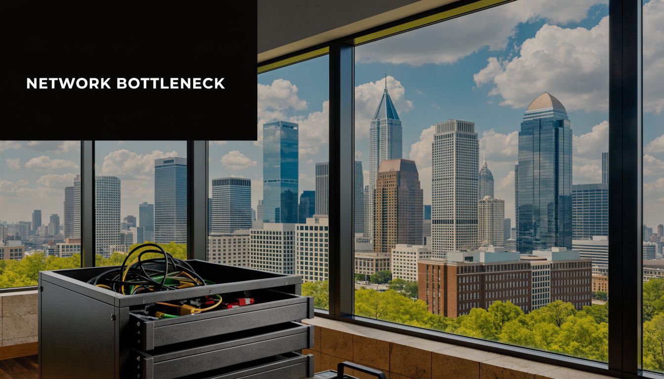 A server cabinet filled with loose cables positioned in an office overlooking the Atlanta city skyline.