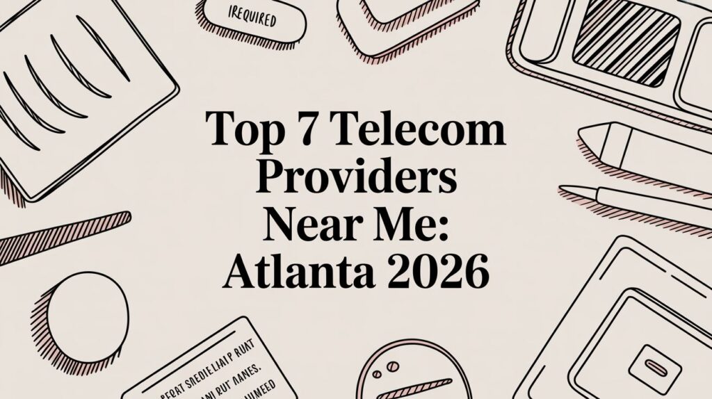 Text in the center reads “Top 7 Telecom Providers Near Me: Atlanta 2026” surrounded by sketched outlines of office supplies, including notepads, a pencil, a ruler, and other stationery items.