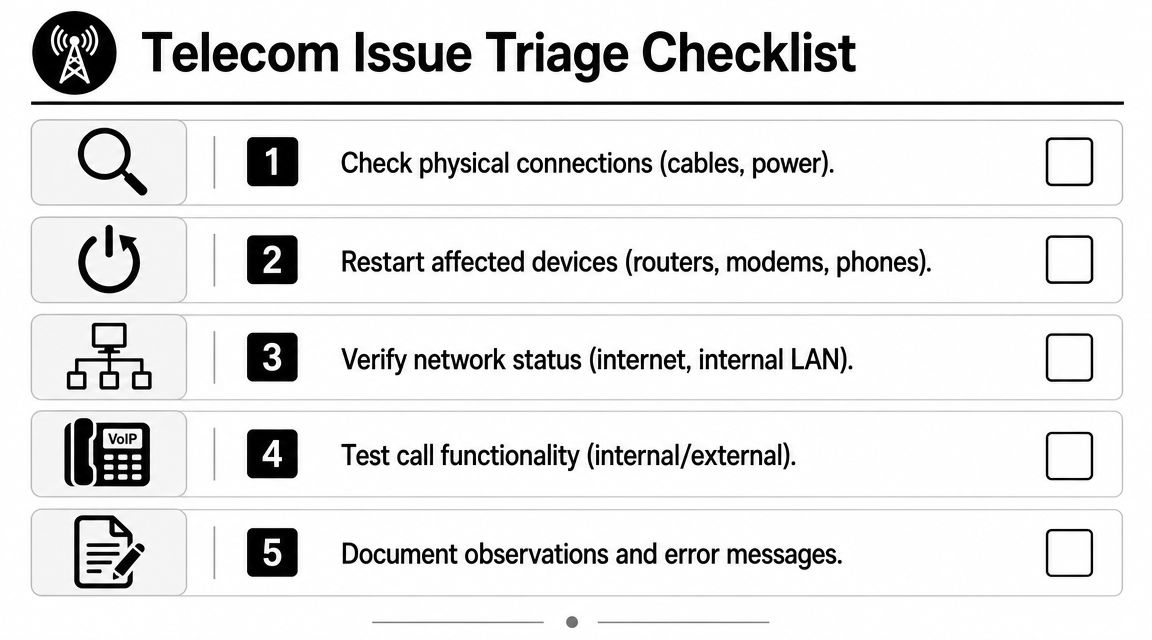 A checklist for troubleshooting telecommunications issues including physical checks, device restarts, and network verification steps.