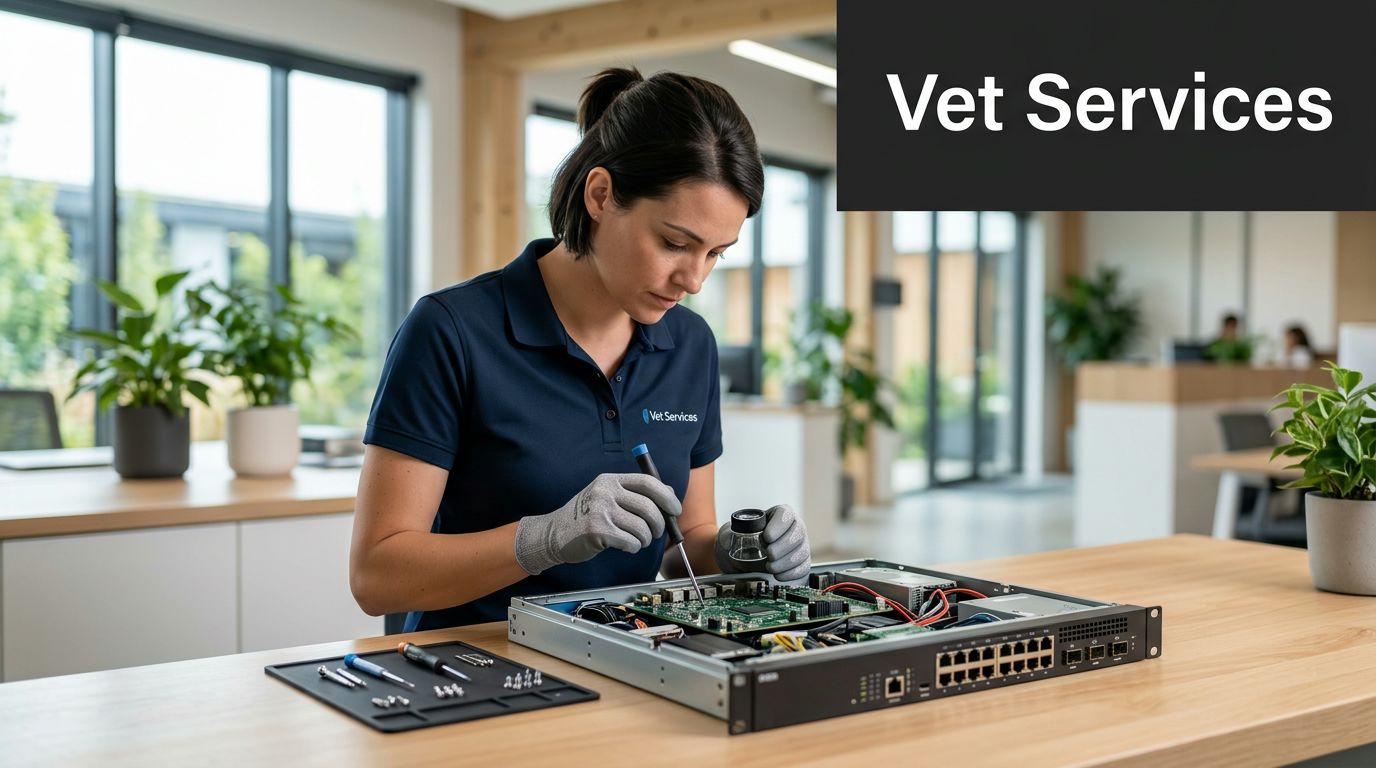 A technician wearing protective gloves repairs a piece of networking equipment at a clean modern office desk.
