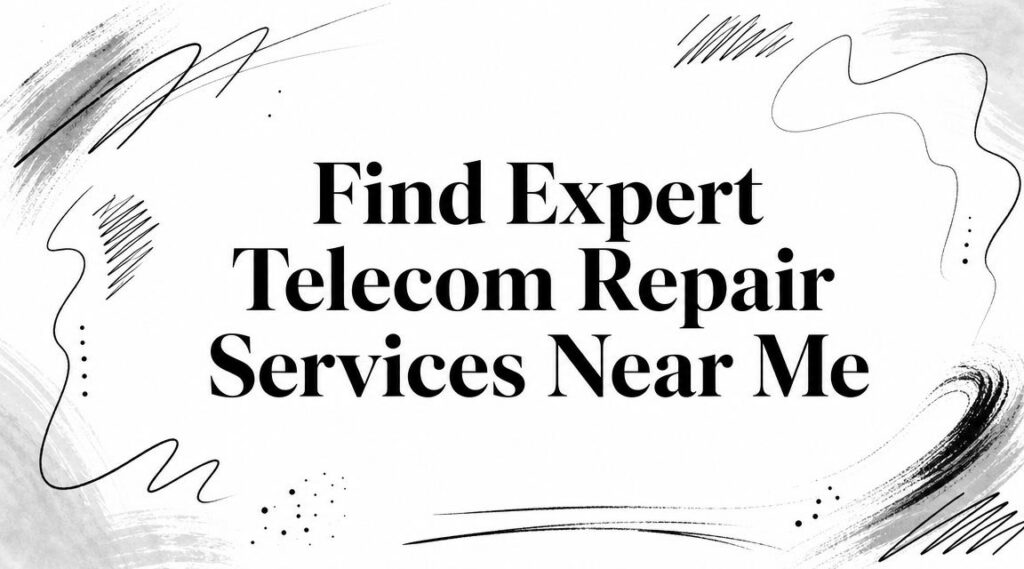 Black text on a white background with abstract black brush strokes and lines reads: "Find Expert Telecom Repair Services Near Me.