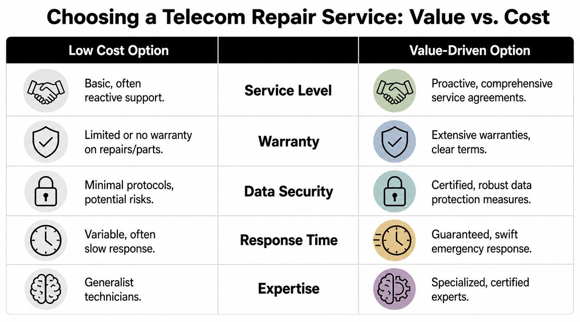 A comparison chart showing differences between low cost and value-driven telecom repair service options.