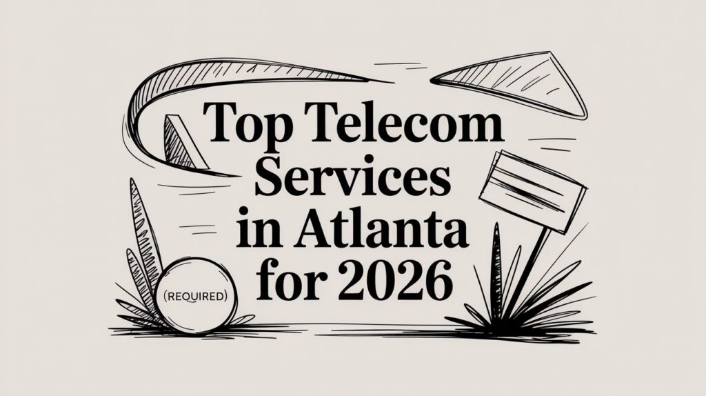 Sketch-style image with text: “Top Telecom Services in Atlanta for 2026.” Decorative lines, leaves, a circle labeled “REQUIRED,” and geometric shapes surround the text on a light background.