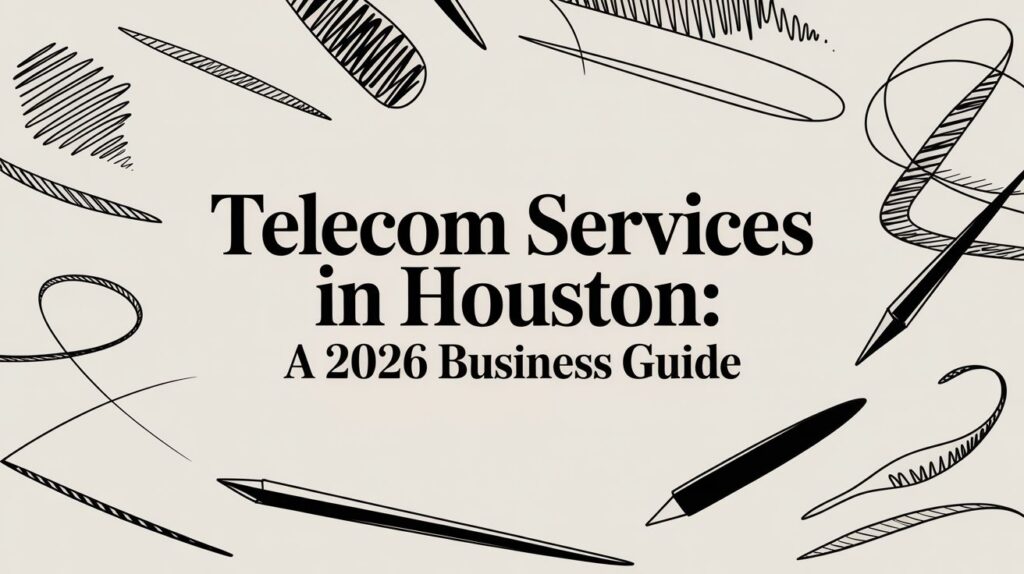 Black text reads "Telecom Services in Houston: A 2026 Business Guide" on a light background, surrounded by sketchy drawings of pens and scribbles.