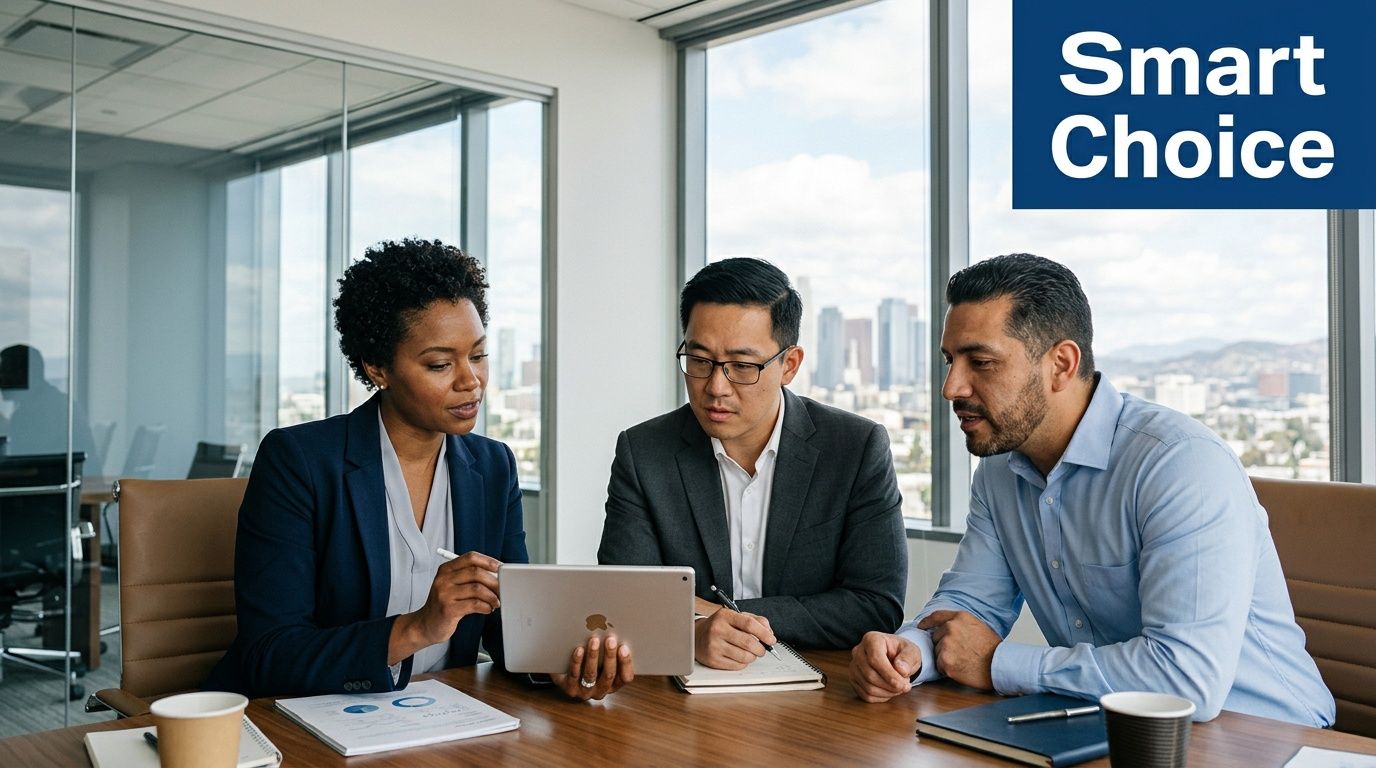 A professional business team collaborating on a tablet in an office with a view of Los Angeles.