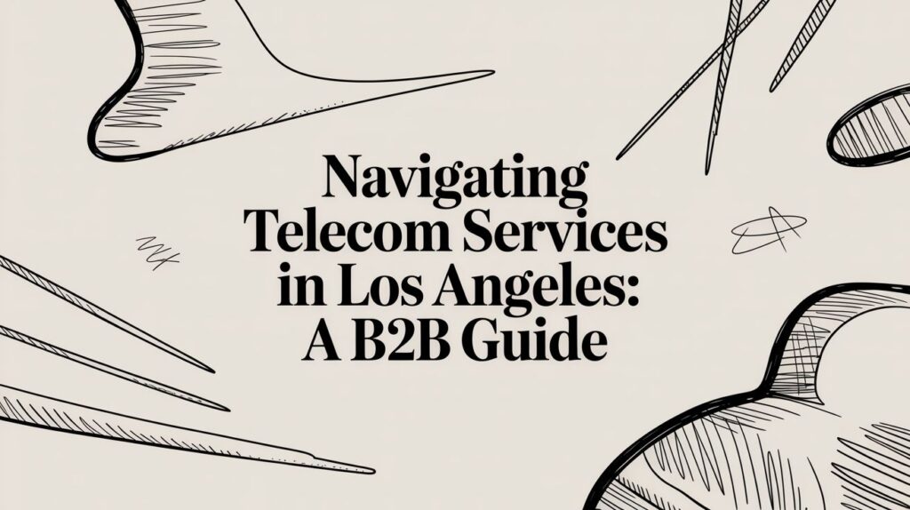Text "Navigating Telecom Services in Los Angeles: A B2B Guide" is centered on a beige background with abstract black line art shapes and scribbles around the edges.
