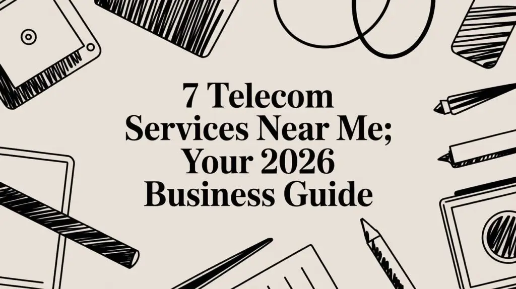 7 Telecom Services Near Me; Your 2026 Business Guide" written in bold text, surrounded by illustrated office supplies like pens, notebooks, and paper clips on a light background.